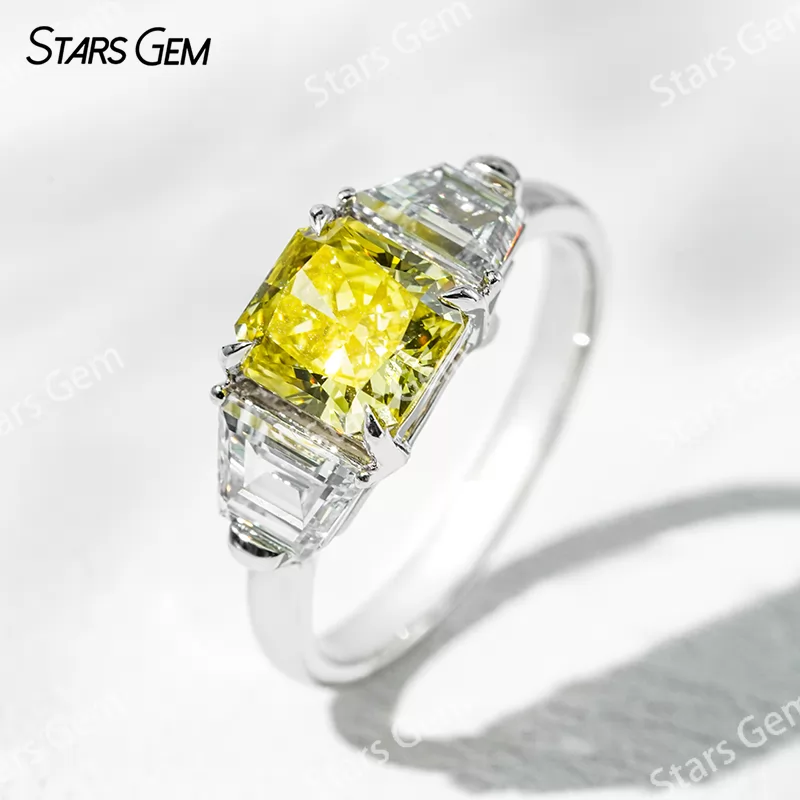 6.4×6.8mm Radiant Cut Yellow Lab Grown Diamond 18K White Gold Three Stone Engagement Ring