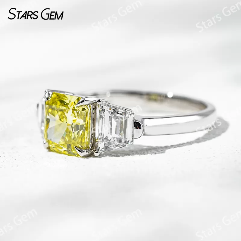 6.4×6.8mm Radiant Cut Yellow Lab Grown Diamond 18K White Gold Three Stone Engagement Ring