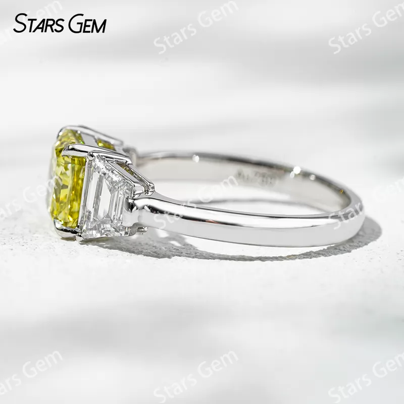 6.4×6.8mm Radiant Cut Yellow Lab Grown Diamond 18K White Gold Three Stone Engagement Ring