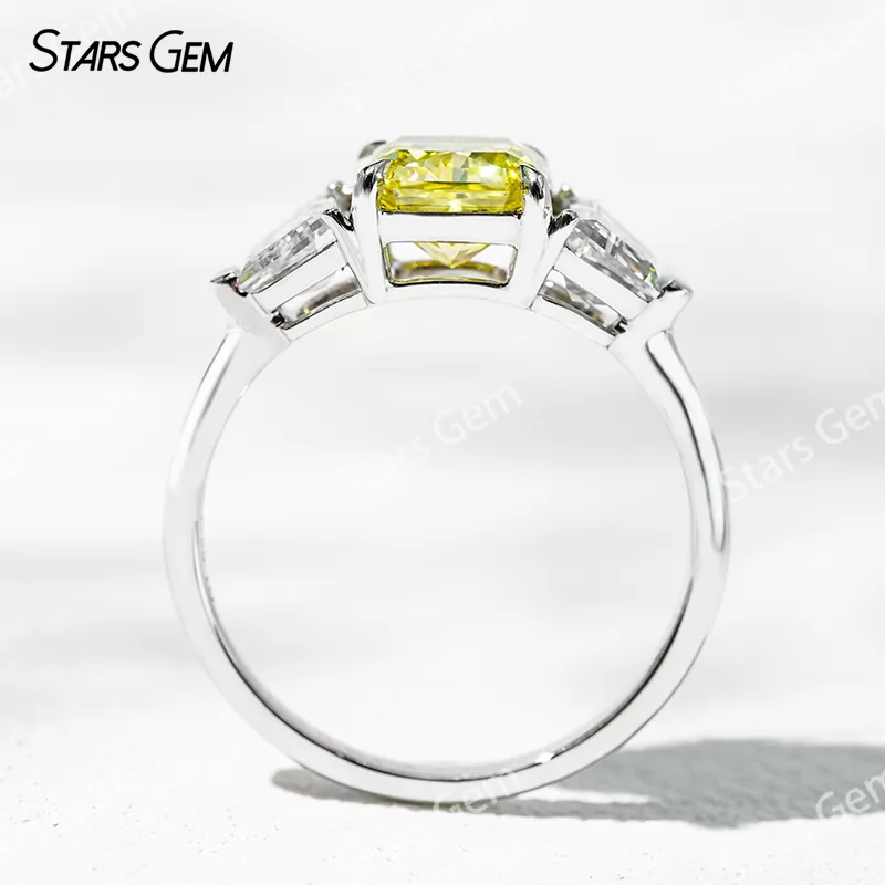 6.4×6.8mm Radiant Cut Yellow Lab Grown Diamond 18K White Gold Three Stone Engagement Ring