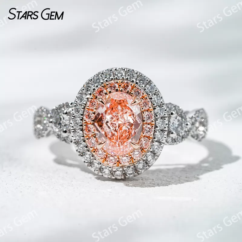 7.39×5.54mm Oval Cut Pink Lab Grown Diamond 18K White Gold Halo Engagement Ring