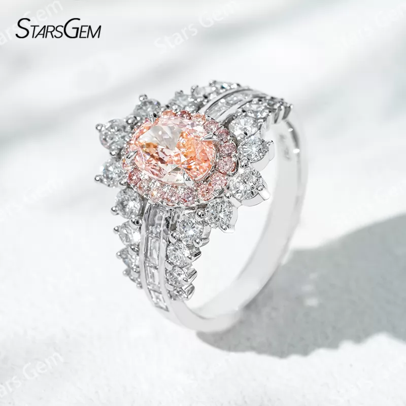 7.58×5.58mm Oval Cut Pink Lab Grown Diamond 18K White Gold Halo Engagement Ring