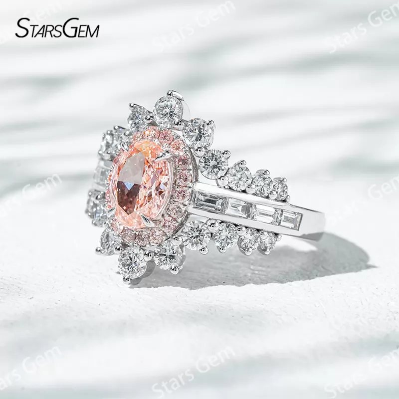 7.58×5.58mm Oval Cut Pink Lab Grown Diamond 18K White Gold Halo Engagement Ring