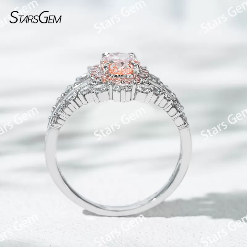 7.58×5.58mm Oval Cut Pink Lab Grown Diamond 18K White Gold Halo Engagement Ring