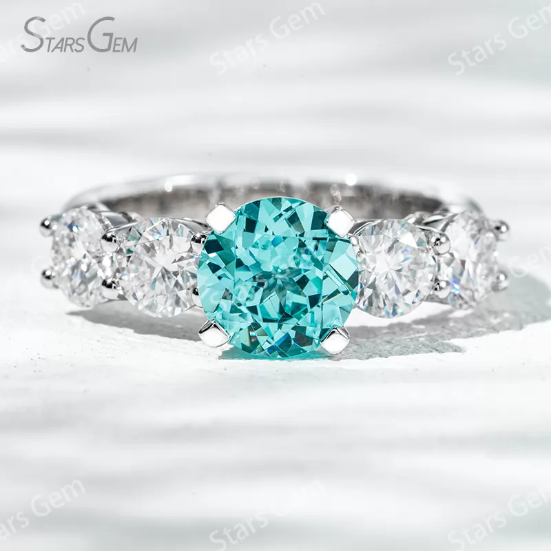 8mm Round Brilliant Cut Lab Grown Paraiba Sapphire With Side Moissanite 14K White Gold Engagement Ring