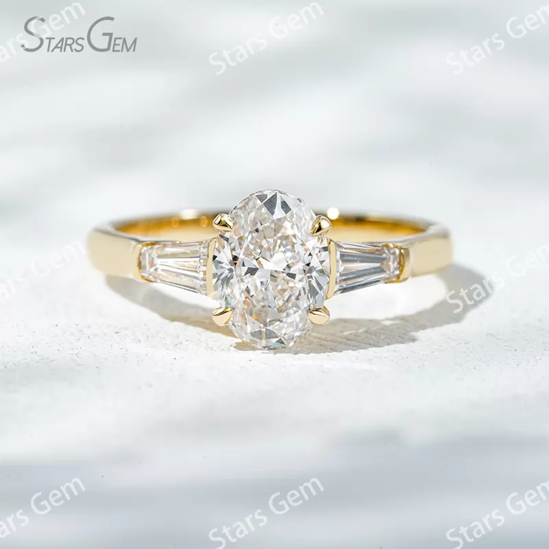 18K Solid Gold Three Stone Type Certified Oval Cut with Trapezoid Cut Lab Grown Diamond Engagement Ring