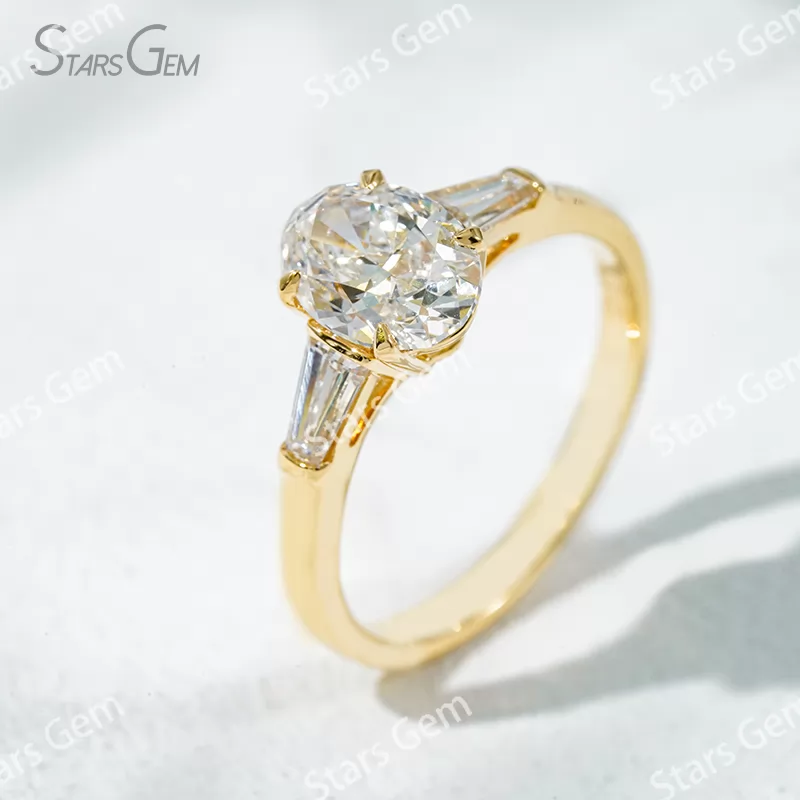 18K Solid Gold Three Stone Type Certified Oval Cut with Trapezoid Cut Lab Grown Diamond Engagement Ring