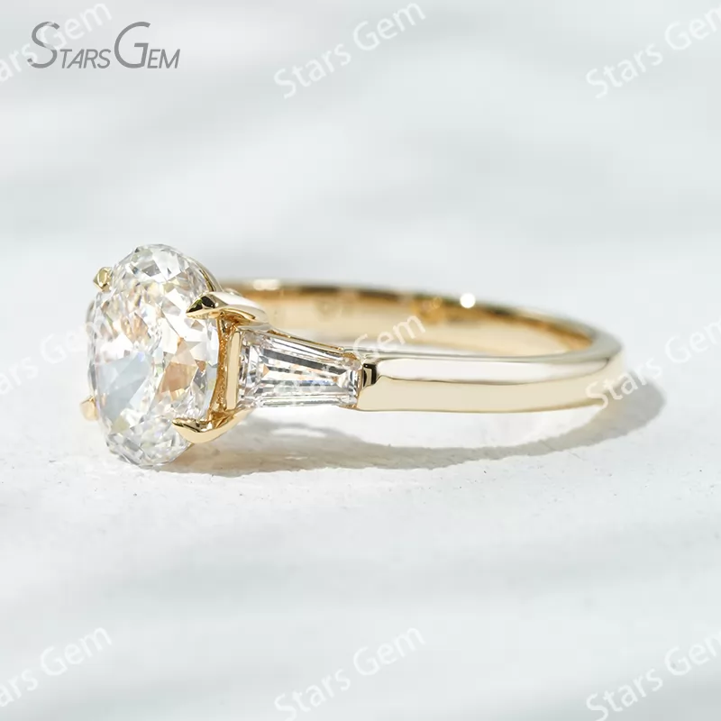 18K Solid Gold Three Stone Type Certified Oval Cut with Trapezoid Cut Lab Grown Diamond Engagement Ring