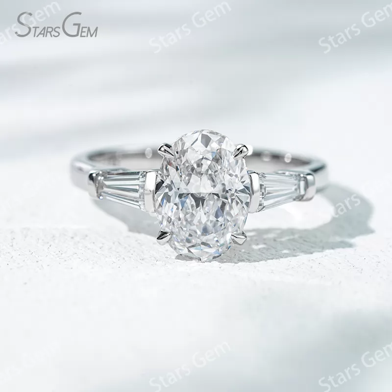 18K Solid Gold Three Stone Type Certified Oval Cut with Trapezoid Cut Lab Grown Diamond Engagement Ring