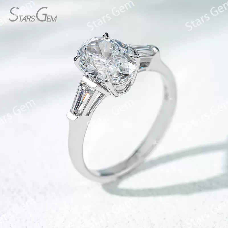 18K Solid Gold Three Stone Type Certified Oval Cut with Trapezoid Cut Lab Grown Diamond Engagement Ring