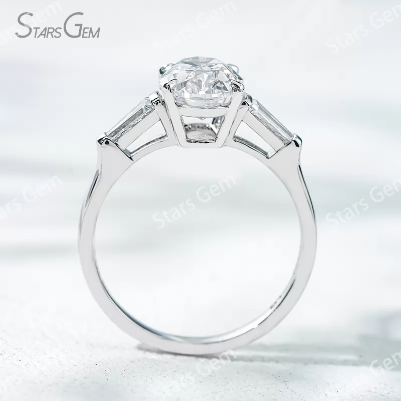 18K Solid Gold Three Stone Type Certified Oval Cut with Trapezoid Cut Lab Grown Diamond Engagement Ring