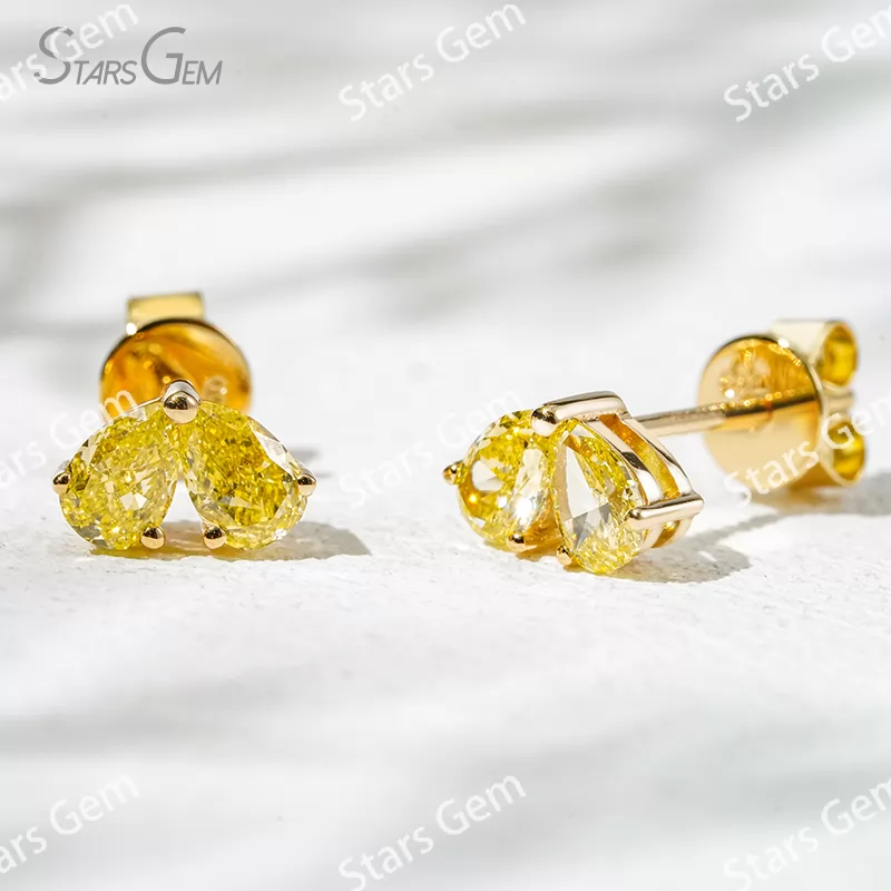 3×4.5mm Pear Cut Yellow Color Lab Grown Diamond Heart Shape Design 18K Yellow Gold Diamond Stud Earrings