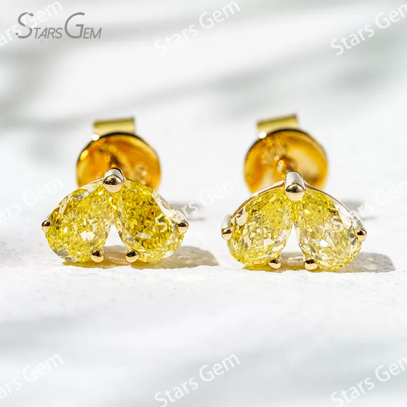 3×4.5mm Pear Cut Yellow Color Lab Grown Diamond Heart Shape Design 18K Yellow Gold Diamond Stud Earrings