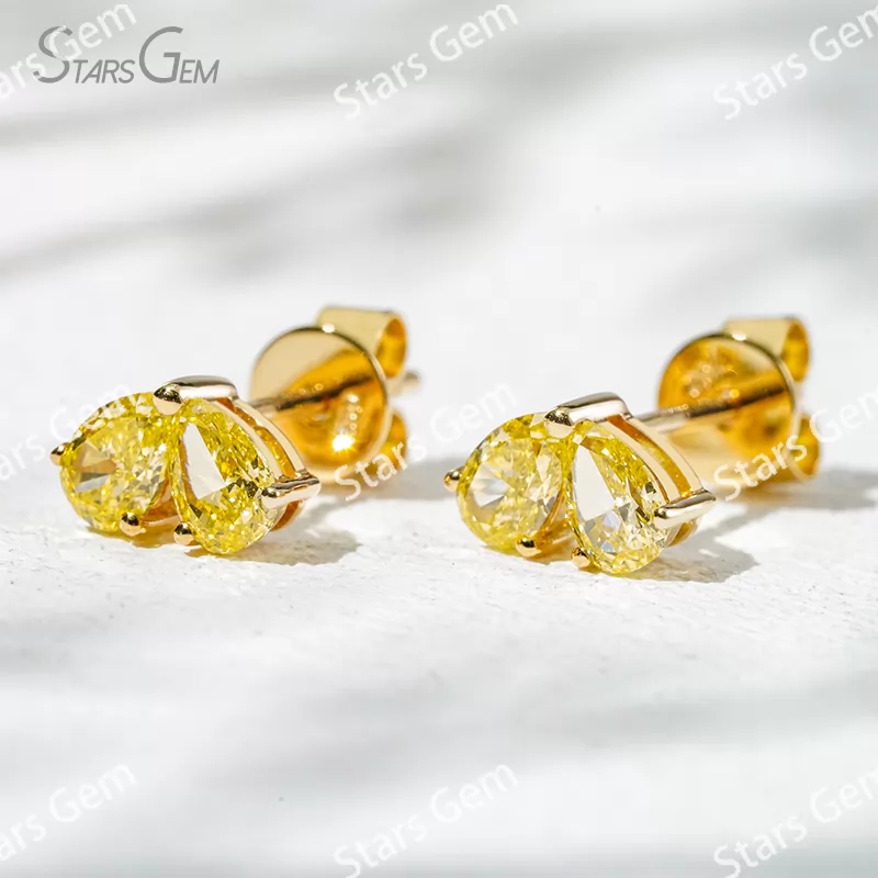 3×4.5mm Pear Cut Yellow Color Lab Grown Diamond Heart Shape Design 18K Yellow Gold Diamond Stud Earrings