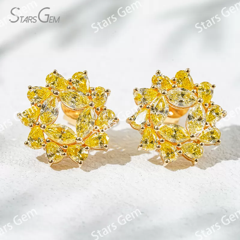 2.3×4.3mm Marquise Cut & 2×3mm Pear Cut Yellow Color Lab Grown Diamond Sunflower Design 18K Yellow Gold Diamond Stud Earrings