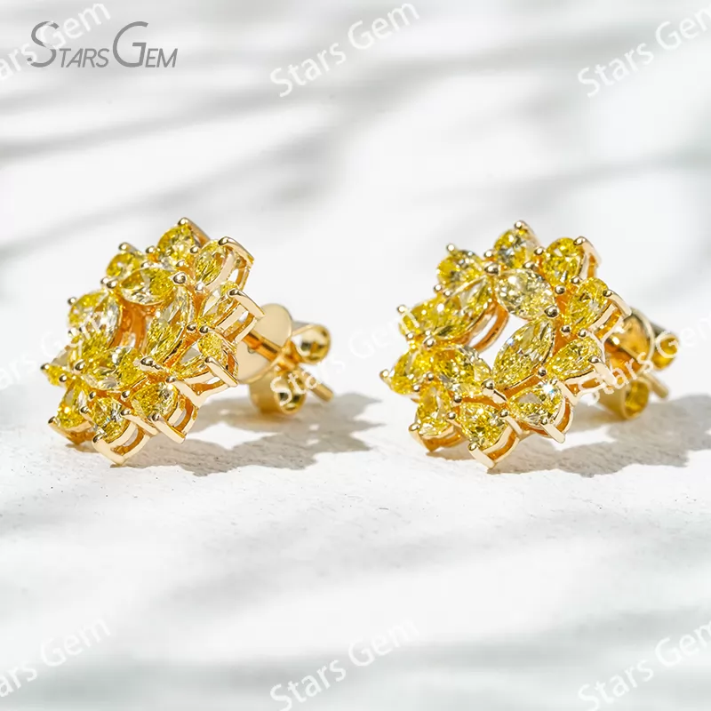 2.3×4.3mm Marquise Cut & 2×3mm Pear Cut Yellow Color Lab Grown Diamond Sunflower Design 18K Yellow Gold Diamond Stud Earrings