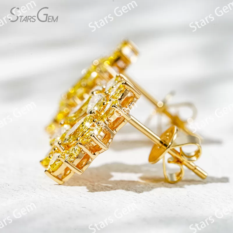 2.3×4.3mm Marquise Cut & 2×3mm Pear Cut Yellow Color Lab Grown Diamond Sunflower Design 18K Yellow Gold Diamond Stud Earrings