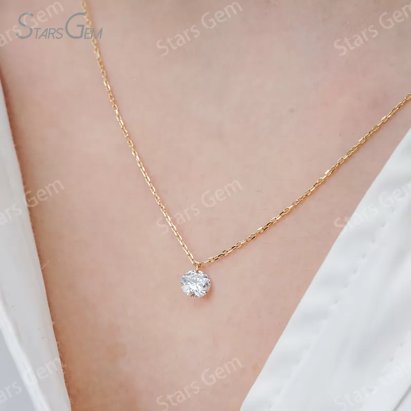Custom 5mm Round Brilliant Cut Lab Grown Diamond 10K Yellow Gold Laser Drilled Diamond Pendant Necklace