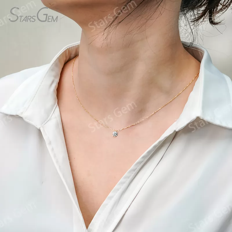 Custom 5mm Round Brilliant Cut Lab Grown Diamond 10K Yellow Gold Laser Drilled Diamond Pendant Necklace