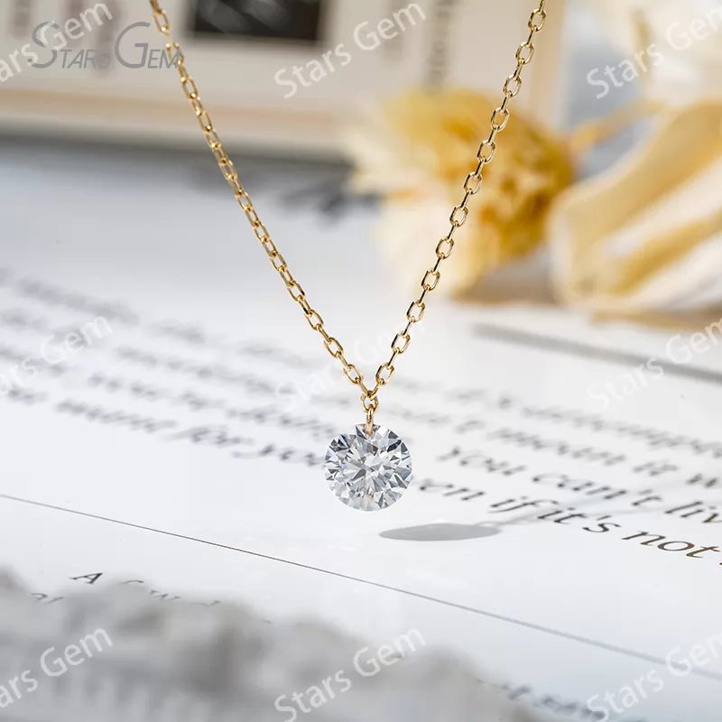 Custom 5mm Round Brilliant Cut Lab Grown Diamond 10K Yellow Gold Laser Drilled Diamond Pendant Necklace