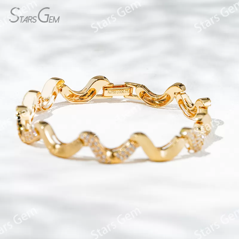 1.2mm Round Brilliant Cut Lab Grown Diamond Unique Wave Like Design 18K Yellow Gold Diamond Bracelet