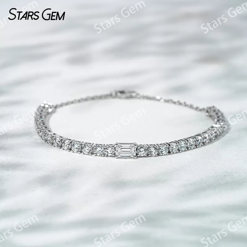 4×6mm Octagon Emerald Cut & 3.2mm Round Brilliant Cut Lab Grown Diamond 18K White Gold Diamond Bracelet