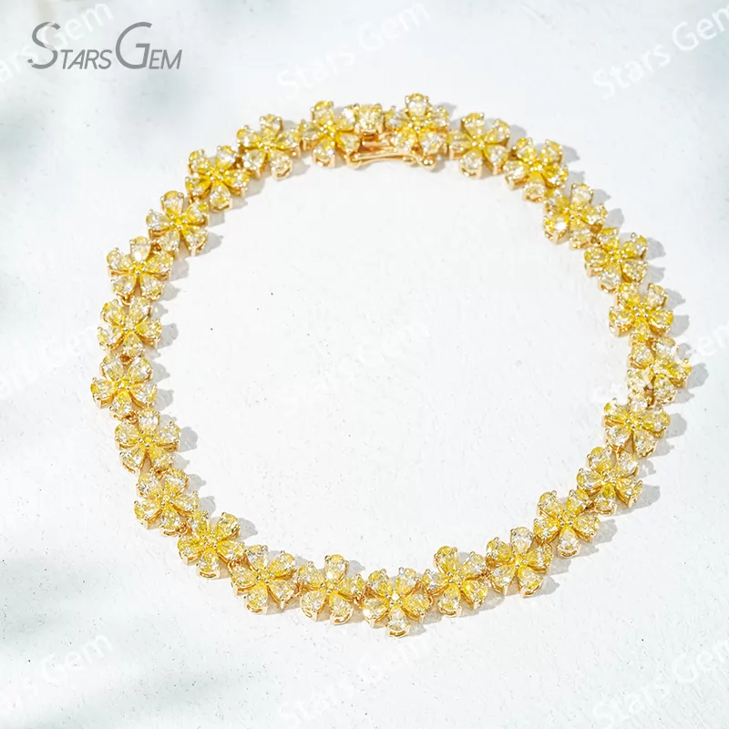 2×3mm Pear Cut Yellow Lab Grown Diamond Petals Shape Design 18K Yellow Gold Tennis Bracelet