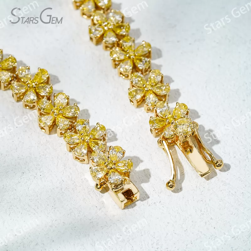 2×3mm Pear Cut Yellow Lab Grown Diamond Petals Shape Design 18K Yellow Gold Tennis Bracelet
