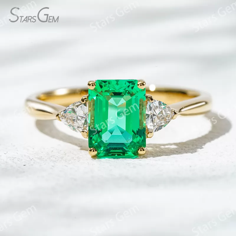 6×8mm Octagon Emerald Cut Lab Grown Emerald 18K Gold Three Stone Engagement Ring