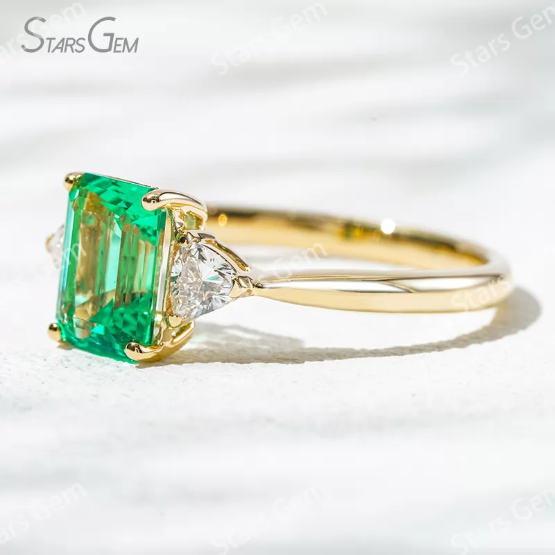 6×8mm Octagon Emerald Cut Lab Grown Emerald 18K Gold Three Stone Engagement Ring