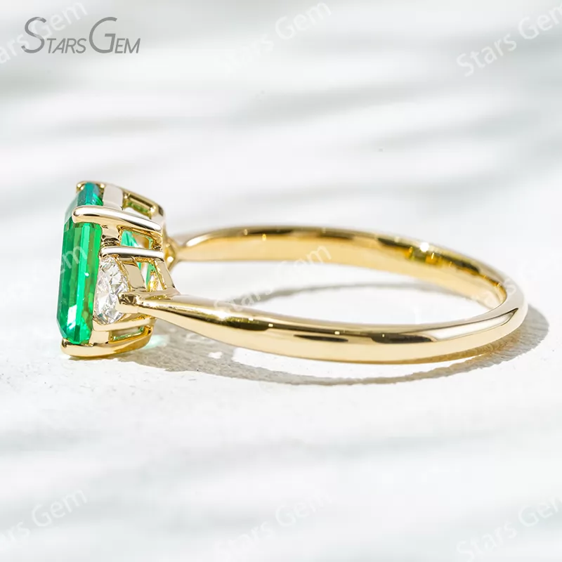 6×8mm Octagon Emerald Cut Lab Grown Emerald 18K Gold Three Stone Engagement Ring