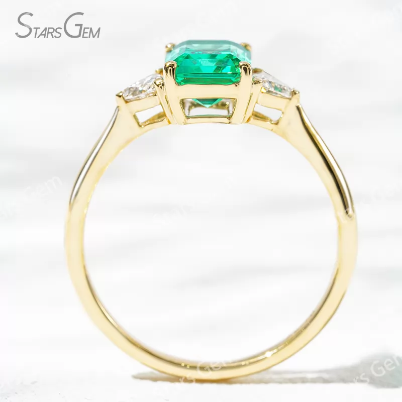 6×8mm Octagon Emerald Cut Lab Grown Emerald 18K Gold Three Stone Engagement Ring
