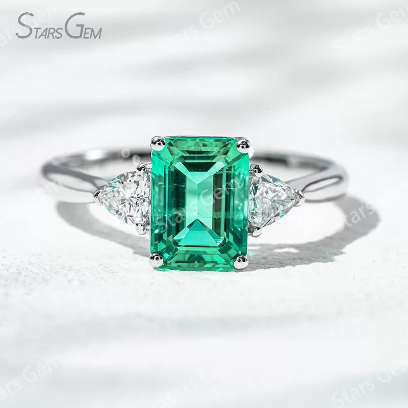 6×8mm Octagon Emerald Cut Lab Grown Emerald 18K Gold Three Stone Engagement Ring