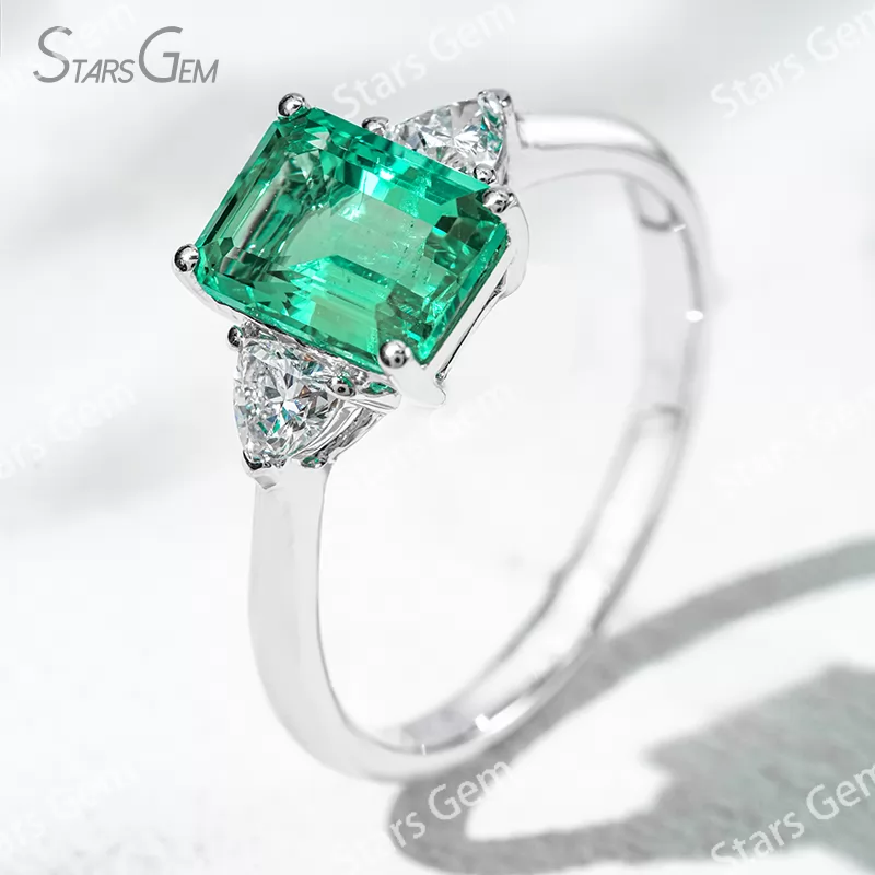 6×8mm Octagon Emerald Cut Lab Grown Emerald 18K Gold Three Stone Engagement Ring