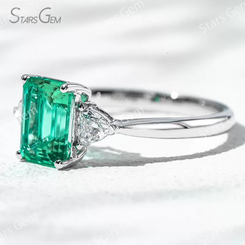 6×8mm Octagon Emerald Cut Lab Grown Emerald 18K Gold Three Stone Engagement Ring