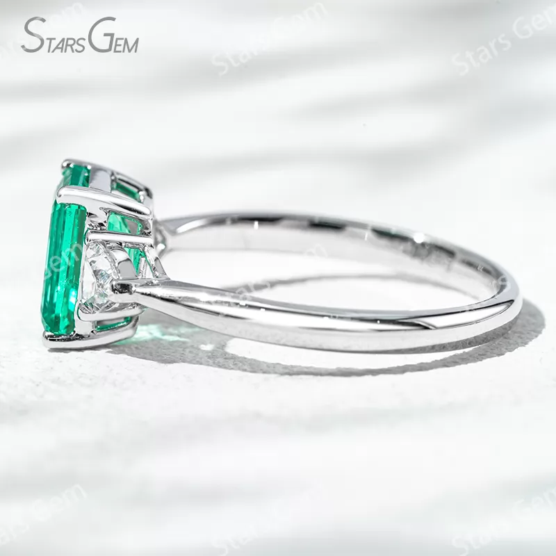 6×8mm Octagon Emerald Cut Lab Grown Emerald 18K Gold Three Stone Engagement Ring