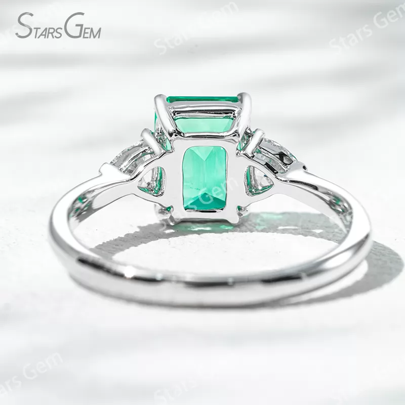 6×8mm Octagon Emerald Cut Lab Grown Emerald 18K Gold Three Stone Engagement Ring