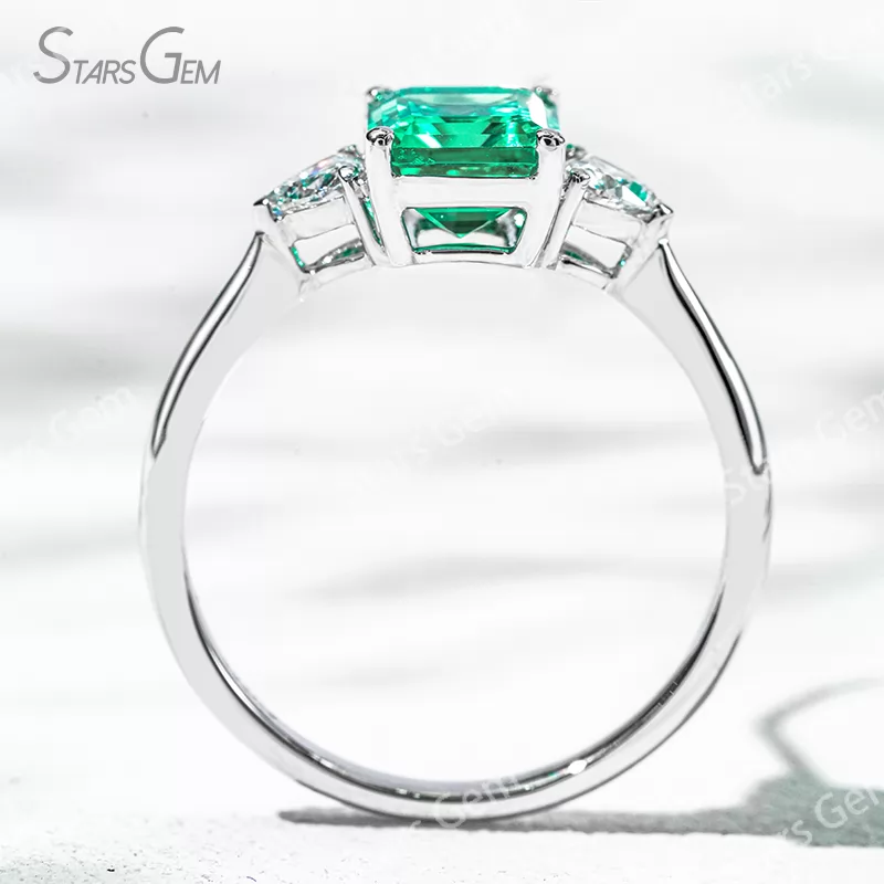 6×8mm Octagon Emerald Cut Lab Grown Emerald 18K Gold Three Stone Engagement Ring