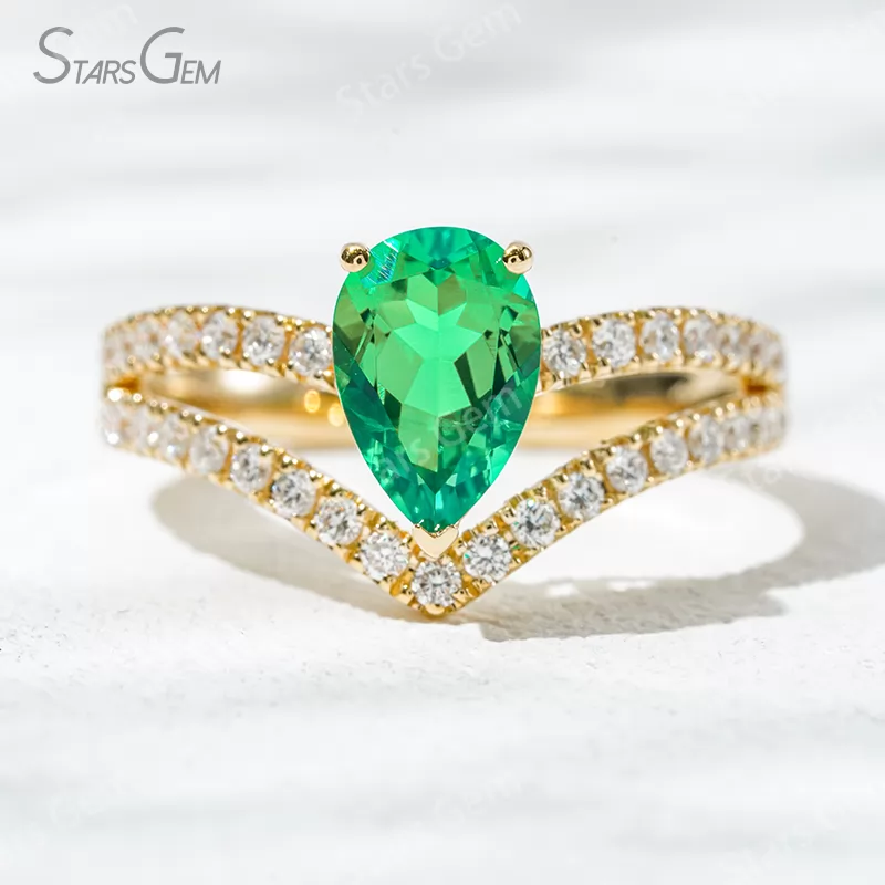 6×9mm Pear Cut Lab Grown Emerald 18K Gold Pave Engagement Ring