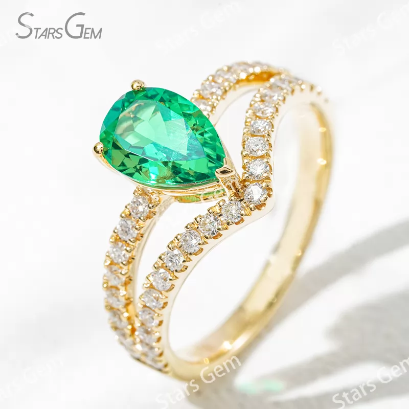 6×9mm Pear Cut Lab Grown Emerald 18K Gold Pave Engagement Ring