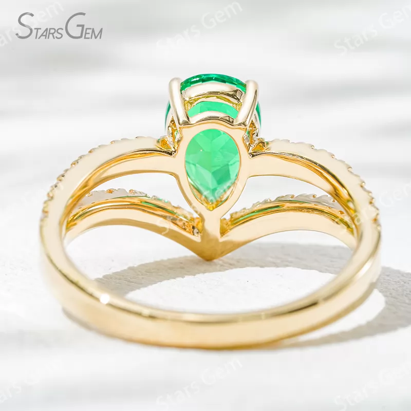 6×9mm Pear Cut Lab Grown Emerald 18K Gold Pave Engagement Ring