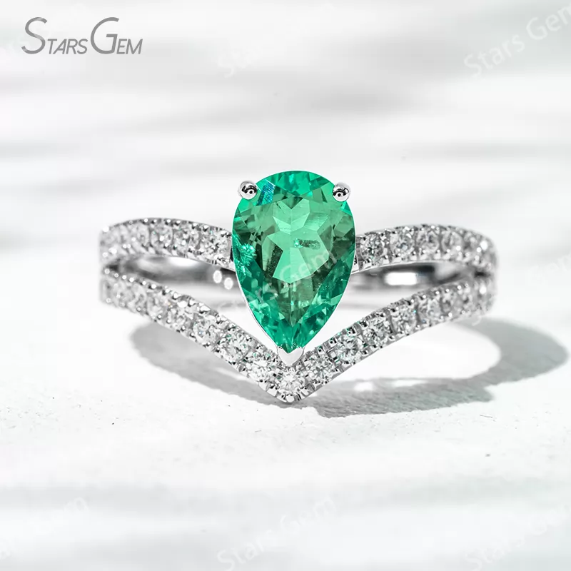 6×9mm Pear Cut Lab Grown Emerald 18K Gold Pave Engagement Ring