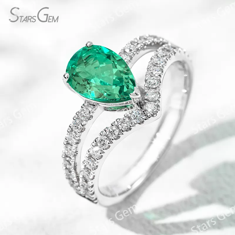 6×9mm Pear Cut Lab Grown Emerald 18K Gold Pave Engagement Ring