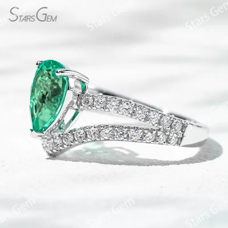 6×9mm Pear Cut Lab Grown Emerald 18K Gold Pave Engagement Ring