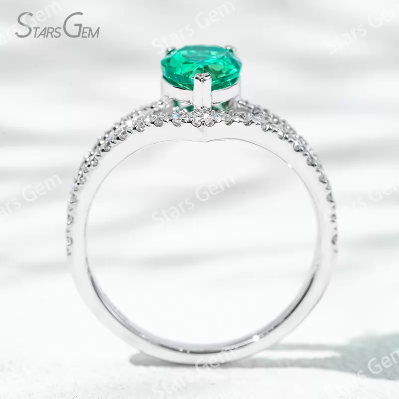 6×9mm Pear Cut Lab Grown Emerald 18K Gold Pave Engagement Ring