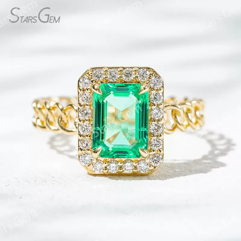 6×8mm Octagon Emerald Cut Lab Grown Emerald 18K Yellow Gold Halo Engagement Ring