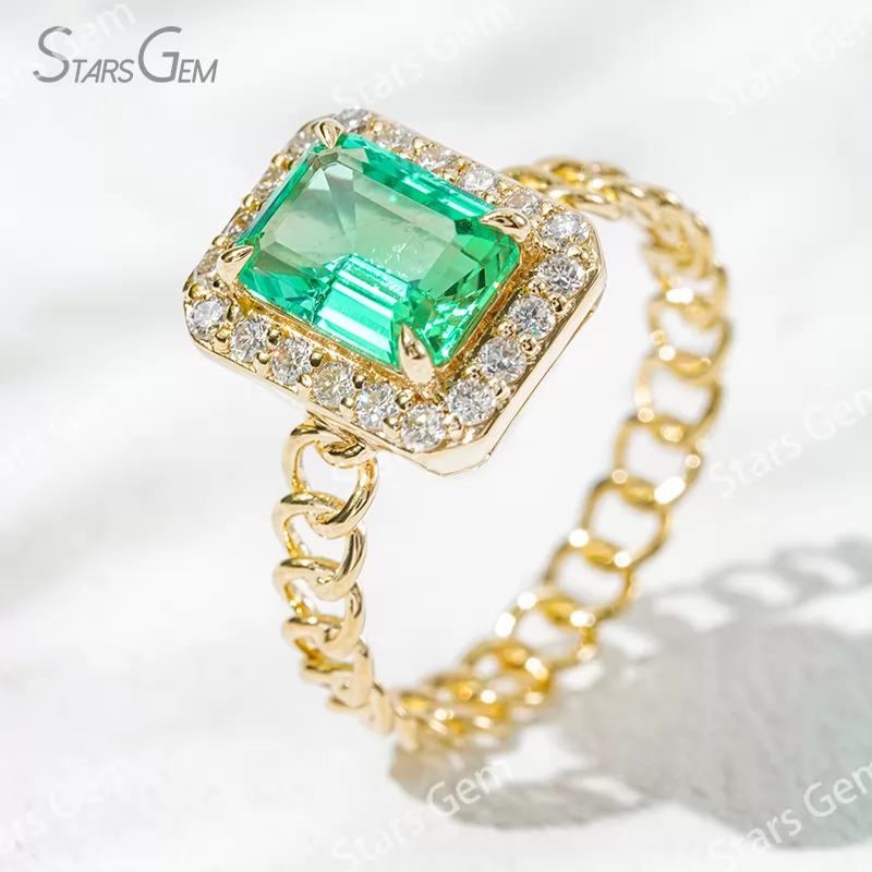 6×8mm Octagon Emerald Cut Lab Grown Emerald 18K Yellow Gold Halo Engagement Ring