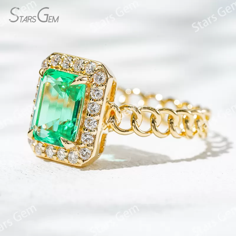 6×8mm Octagon Emerald Cut Lab Grown Emerald 18K Yellow Gold Halo Engagement Ring
