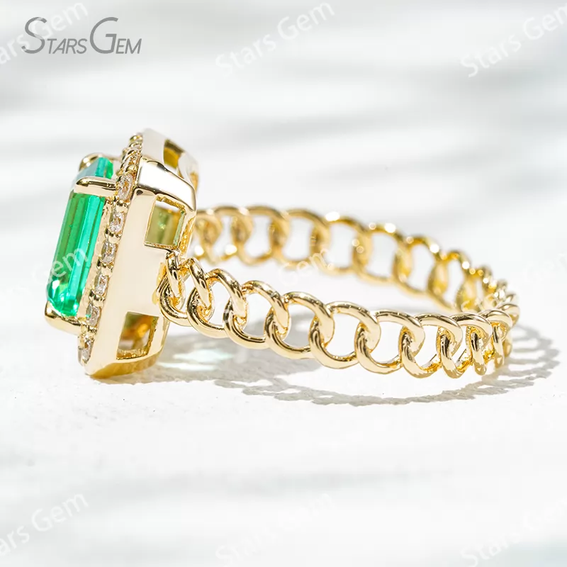 6×8mm Octagon Emerald Cut Lab Grown Emerald 18K Yellow Gold Halo Engagement Ring