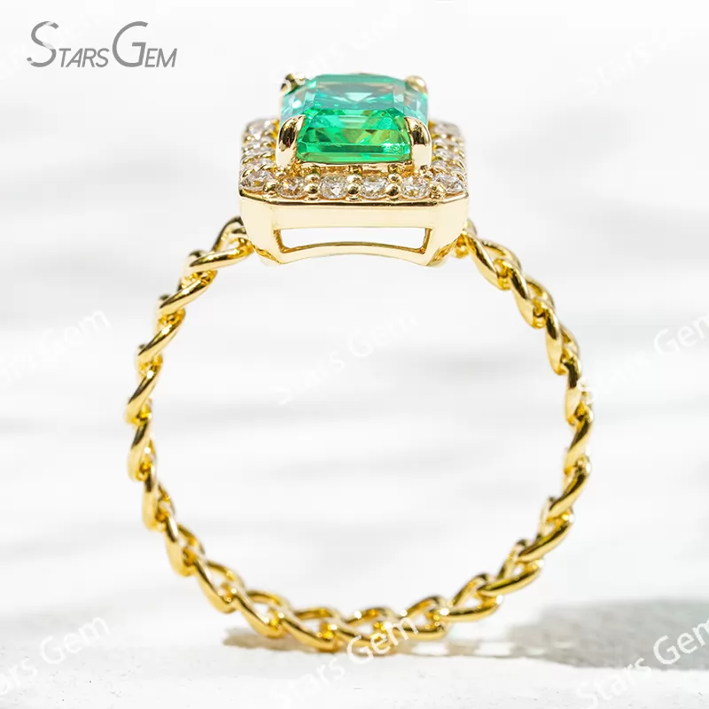 6×8mm Octagon Emerald Cut Lab Grown Emerald 18K Yellow Gold Halo Engagement Ring